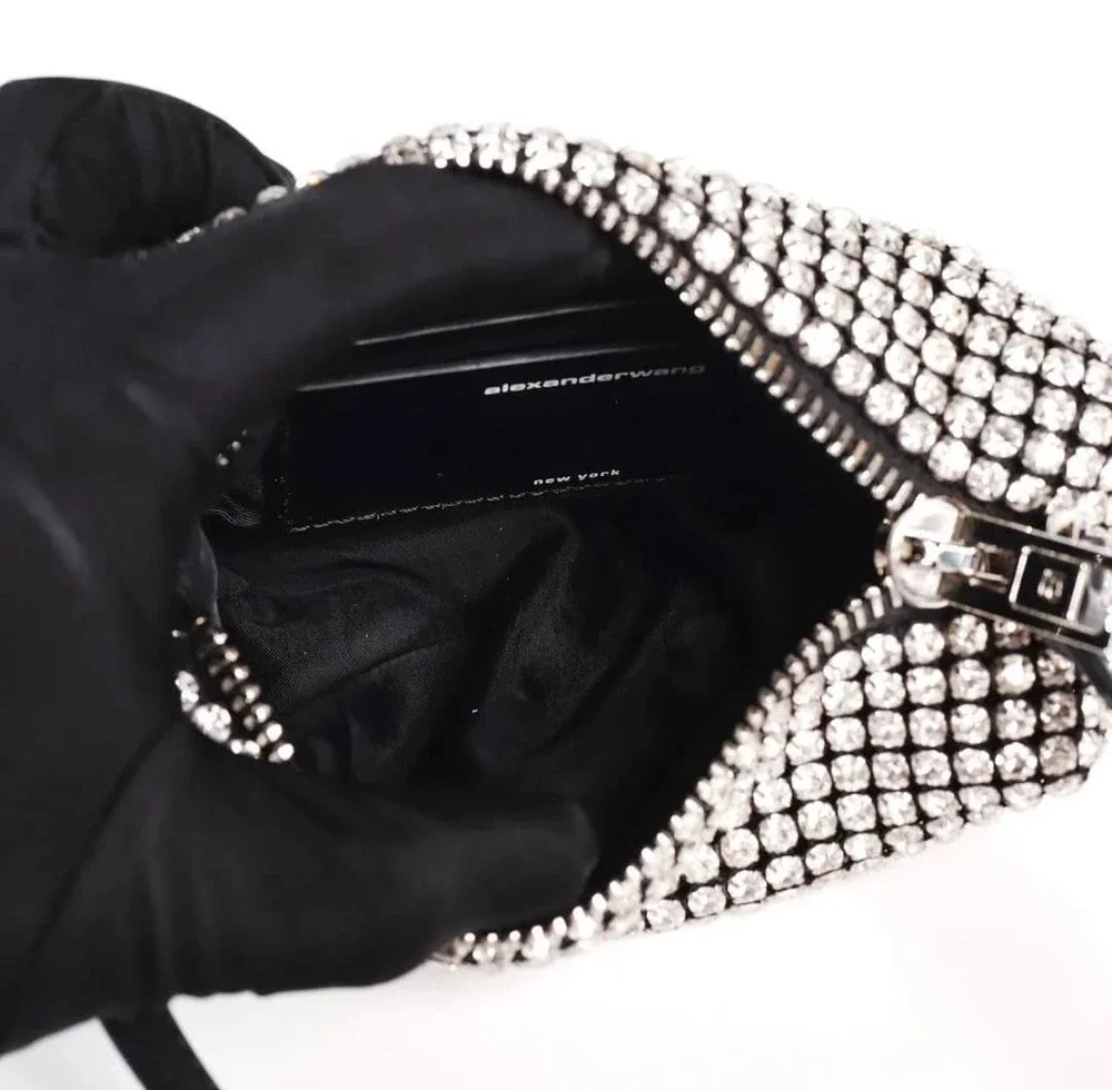 Alexander Wang Heiress Pouch in Crystal Mesh with a Black Leather Top Handle